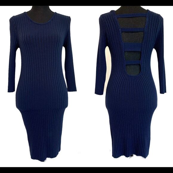 NAVY Blue ribbed knit long sleeve bodycon sweater dress Sz M - Picture 8 of 8